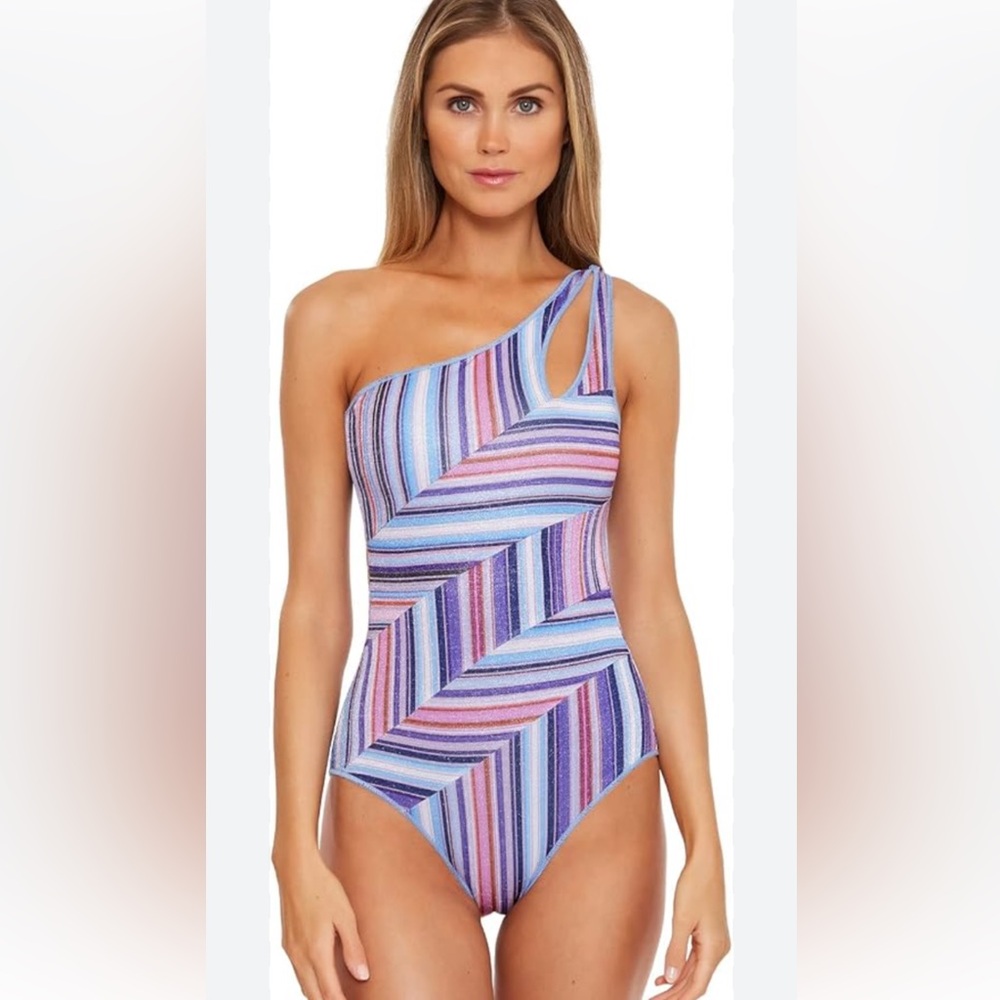 BECCA New With Tags Navy and Multicolor Striped One-Shoulder Swimsuit